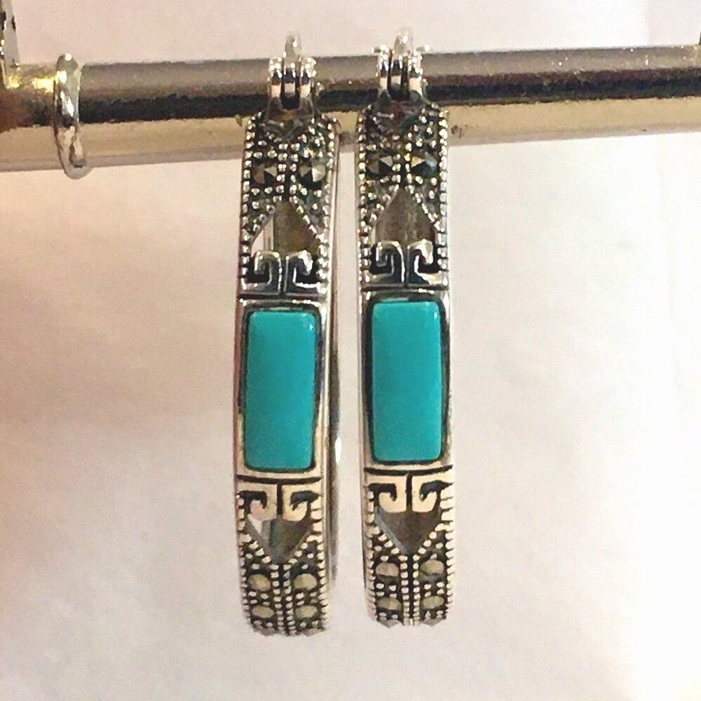 Turquoise Marcasite Sterling Silver Oval Hoop Saddle Back Earrings